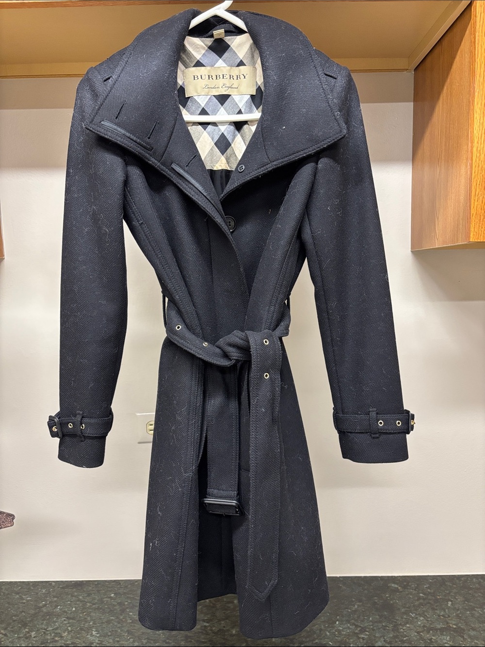 Burberry Black Wool Trench Coat with Belted Waist